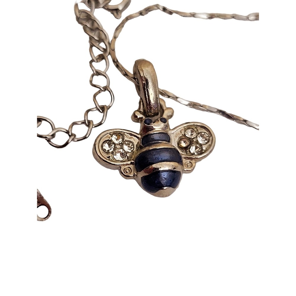 15K Silver White Gold Necklace with Bumble Bee Blue Enamel Pendant Rhinestones